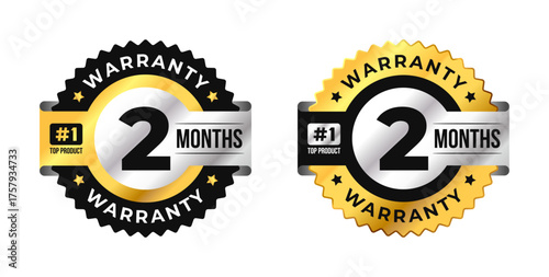 Premium 2 months warranty circle badge vector with black, gold and silver colors. Perfect for product guarantee, icon, logo, symbol, seal, stickers, quality assurance, label, certification