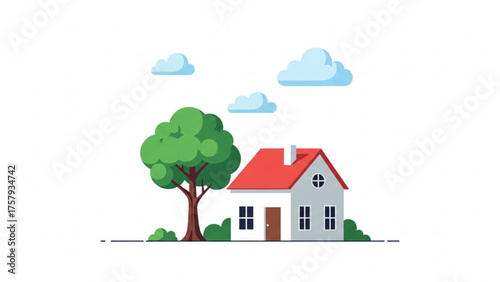 charming detached residential house with a large green tree and fluffy clouds in a bright and airy cartoon style illustration on a white background