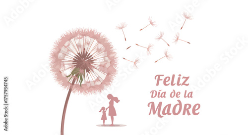 Soft Pink Dandelion Flower with Falling Seeds and Mother Child Silhouette Celebrating Mother's Day