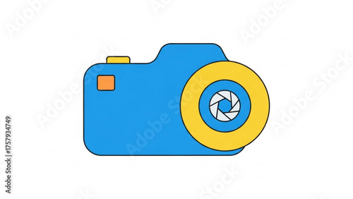 A simple, stylized illustration of a blue camera with a yellow lens, representing photography and capturing memories, perfect for visual storytelling and creative projects