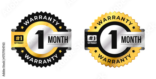 Premium 1 month warranty circle badge vector with black, gold and silver colors. Perfect for product guarantee, icon, logo, symbol, seal, stickers, quality assurance, label, certification