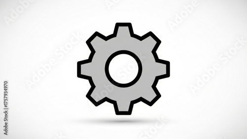 A detailed close-up illustration of a single gray cogwheel, a universal symbol for mechanics, industry, and settings, presented against a clean, light gray background
