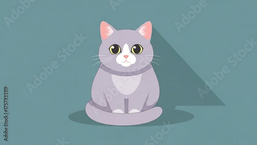 A charming cartoon illustration of a cute, fluffy grey cat with big, expressive eyes, sitting calmly with a shadow cast behind it on a solid blue background