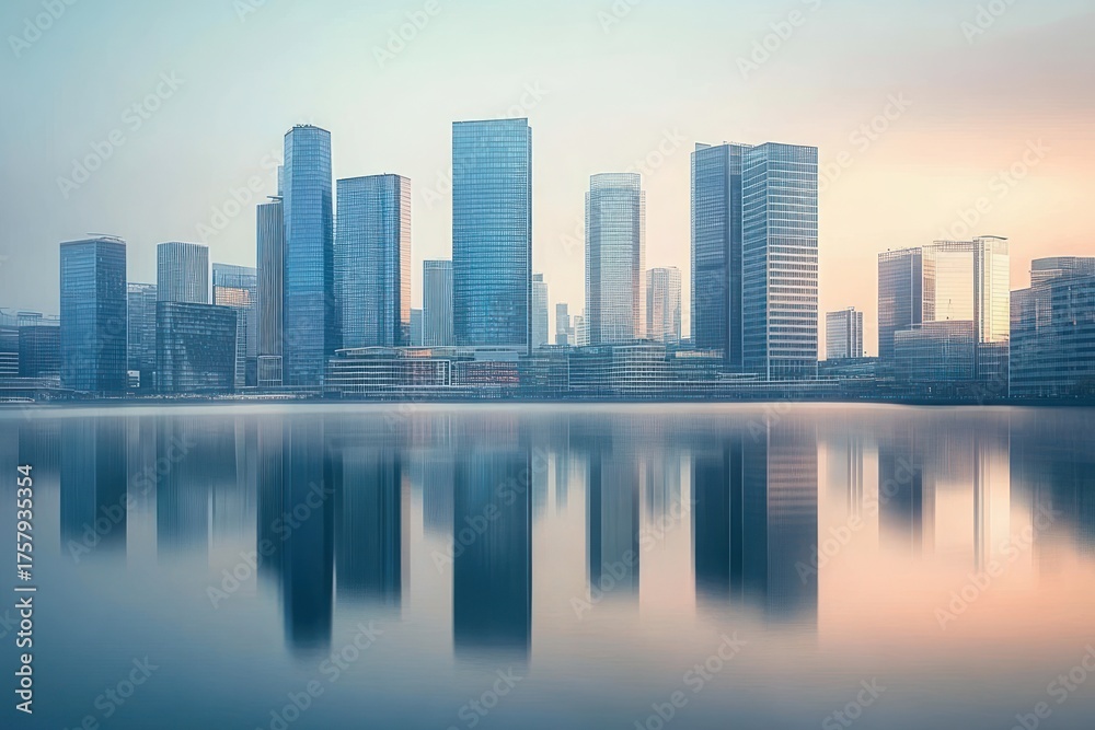 Fototapeta premium Calm cityscape at sunrise with modern glass skyscrapers reflecting perfectly on smooth water, creating serene and peaceful urban atmosphere