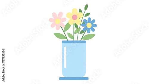 A beautiful arrangement of delicate flowers in various pastel colors placed inside a light blue vase, perfect for spring and summer themes
