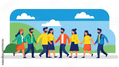 Diverse group of people holding hands and walking together in a park, representing unity, community, friendship, and togetherness