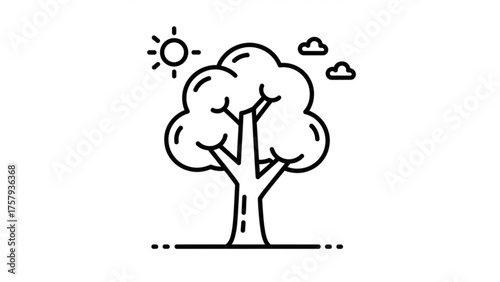 Simple black and white line art illustration of a tree with sun and clouds, perfect for nature and environment concepts, clean design