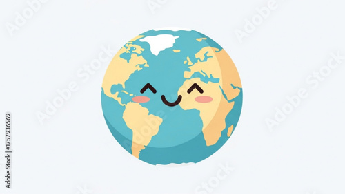 Cute cartoon Earth illustration smiling globe with continents, ocean, and happy face, representing world, environment, and planet in a cheerful, friendly manner