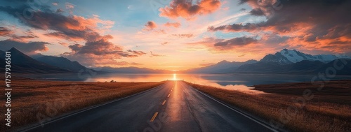 Empty road leading towards a bright sunset over calm water with mountains on both sides and colorful clouds in the sky