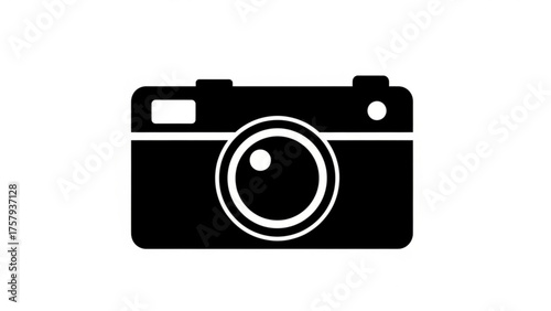 Simple black and white camera icon design, perfect for photography enthusiasts and digital media projects, minimalist symbol for websites and applications