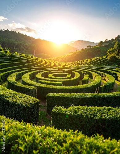 A sprawling, intricate maze crafted from tall, lush hedges, nestled amidst vibrant green bushes, inviting exploration and adventure in a serene garden setting.