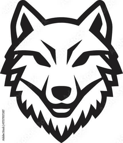 A black and white illustration of a wolf's head with a white background.
