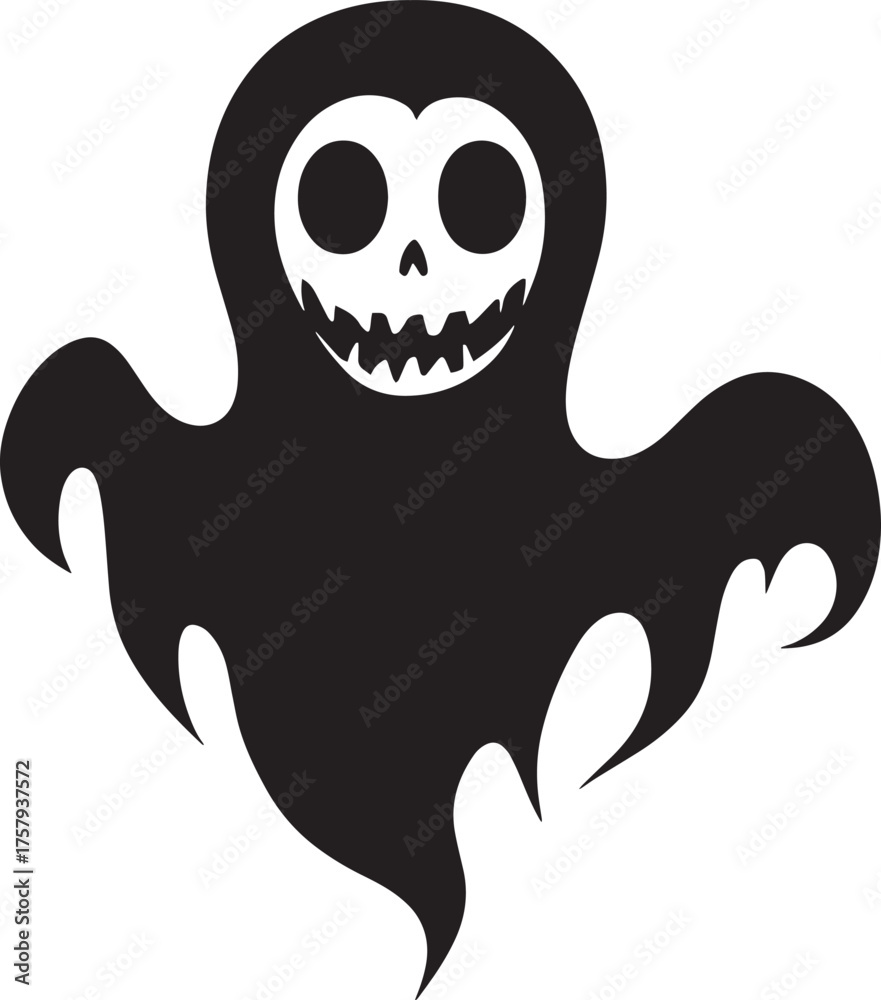 Fototapeta premium A black and white silhouette of a ghost with a skull face and wings, set vector illustration