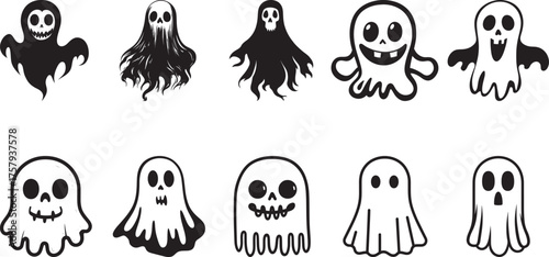 A collection of black and white ghost illustrations with various expressions and poses.