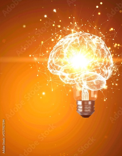 A glowing light bulb encases a detailed human brain, symbolizing creativity and innovation, with soft shadows enhancing its unique design.