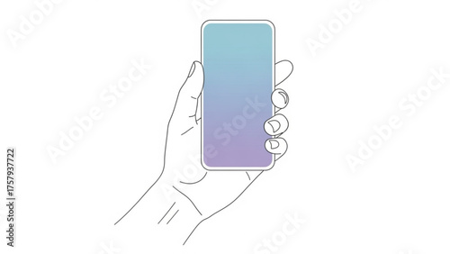 A minimalist line drawing showing a hand holding a smartphone with a pastel gradient screen, perfect for modern tech and communication concepts