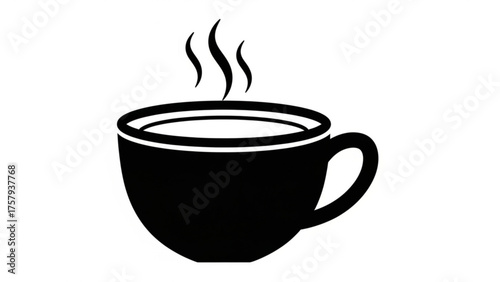 Monochromatic illustration of a steaming coffee cup, ideal for cafe logos, website elements, or representing warmth and beverage enjoyment