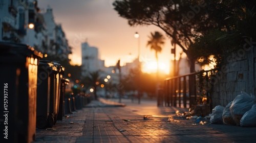 Overflowing Garbage Bins at Sunset in Urban Environment