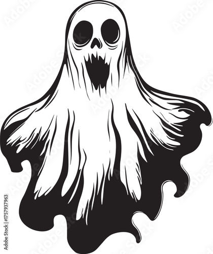 A spooky, ghostly figure with a white, flowing cloak and a skull-like face, set vector illustration
