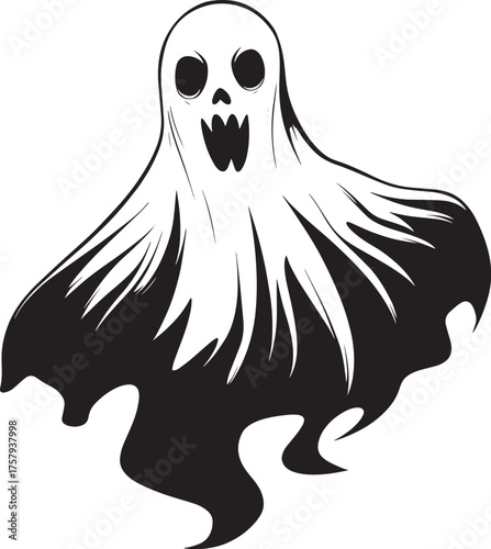 A spooky, ghostly figure with a white face and black eyes, floating in the air with a black cape.