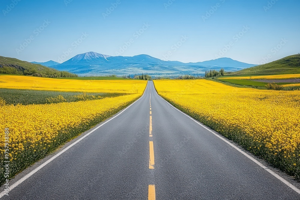Naklejka premium Straight empty road flanked by vibrant yellow flower fields under clear blue sky with distant mountains