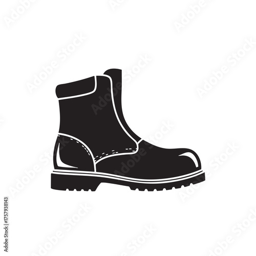 A detailed black and white illustration of a work boot, depicting durable footwear for construction or industrial applications, isolated on a white background.