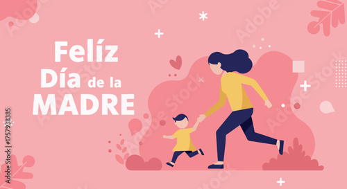 Mother and Child Walking Hand in Hand on Pink Background with Flowers for Mother's Day Celebration