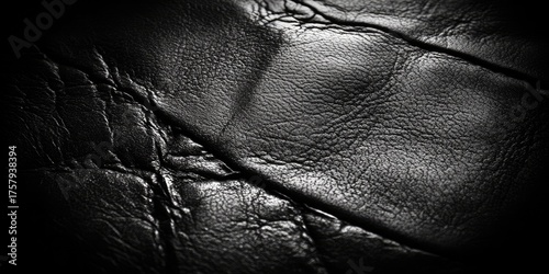 Textured black leather with deep creases, shadowed lighting