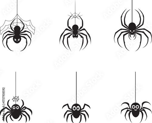 Six black spiders hanging from a web vector illustration