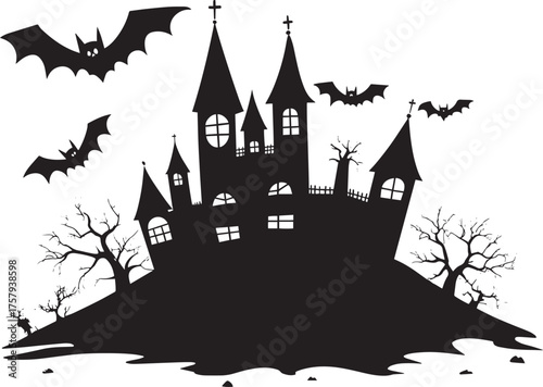 A spooky, dark castle with bats flying around it, set vector illustration