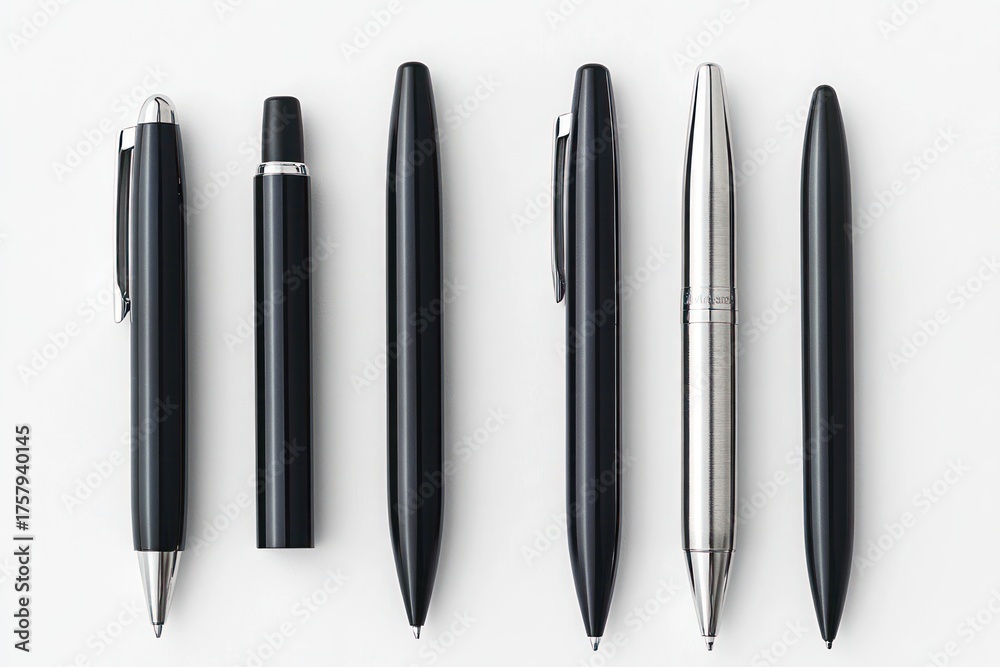 Fototapeta premium six sleek pens and pen components arranged side by side on a white background showing various pen styles and finishes in black and silver colors