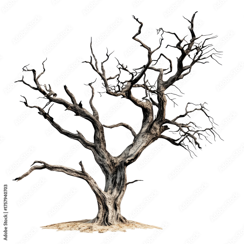 Fototapeta premium A skeletal, gnarled tree with bare branches against a white background.