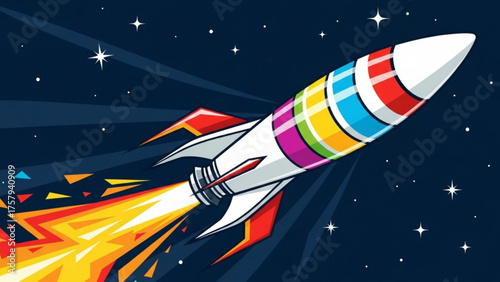 Colorful Rocket Ship Soaring Through Space A Vibrant Vector Illustration Depicting a Multicolored Rocket Against a Starry Night Sky, Perfect for Creative Projects