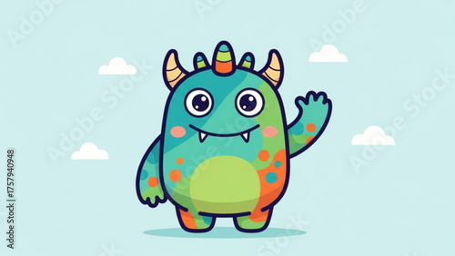 Cute Cartoon Monster Waving Hand with Horns and Spots, Smiling Friendly Character, Funny Happy Creature Illustration, Cartoonish Design