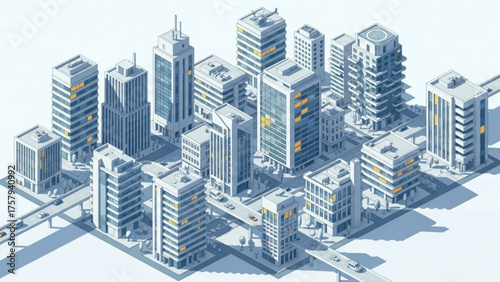 Isometric Urban Cityscape Illustration A Modern Metropolis Rendered with Geometric Precision, Featuring Skyscrapers and City Buildings, Ideal for Urban Themes