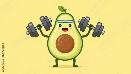 An adorable avocado character wearing a headband, engaging in weightlifting exercises, with a cheerful smile, promoting healthy eating habits and fitness