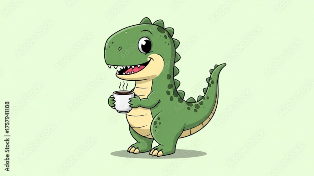 Fototapeta premium Adorable Cartoon Dinosaur Enjoying Coffee Cute Illustration of a Green Dinosaur Holding a Cup and Smiling, Perfect for Kids or Cafe Branding