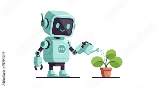 AI robot nurturing a plant in a pot with a watering can, symbolizing growth, care, and technology's role in nature and sustainability