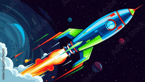 A Vibrant Illustration of a Rocket Ship Soaring Through the Cosmos, Depicting Space Exploration, Adventure, and the Wonders of the Universe