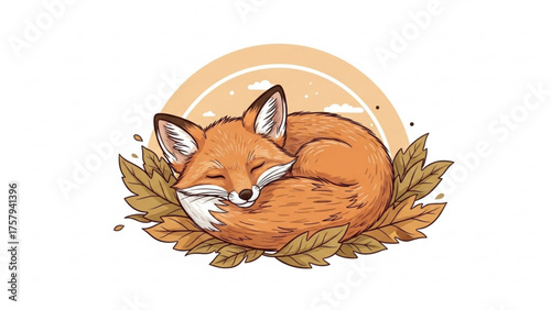 Cute cartoon fox sleeping soundly in a nest of autumn leaves under an arched halo, perfect for seasonal designs