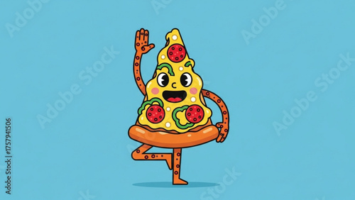 Cheerful slice of pizza in a yoga pose, embodying health, balance, and the playful spirit of combining food with wellness, promoting a positive lifestyle