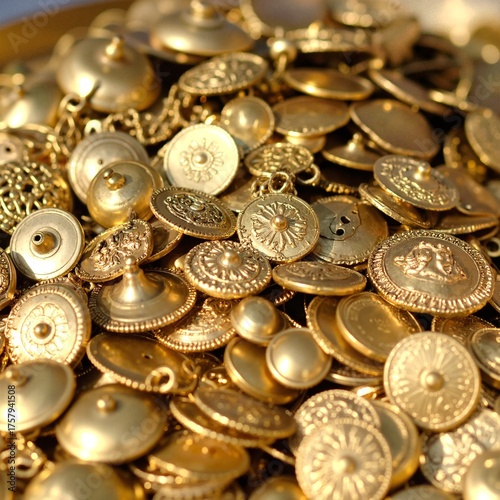A vibrant pile of shiny gold buttons, varying in size and design, glistens under soft light, showcasing intricate patterns and textures.