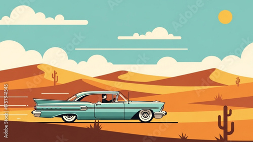 Vintage Car Journey Through the Desert A Stylized Illustration of a Classic Automobile Cruising Across the Sandy Landscape Under a Sunny Sky