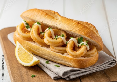 Crispy Fried Calamari Ring Sandwich on Baguette with Lemon & Garlic Mayo