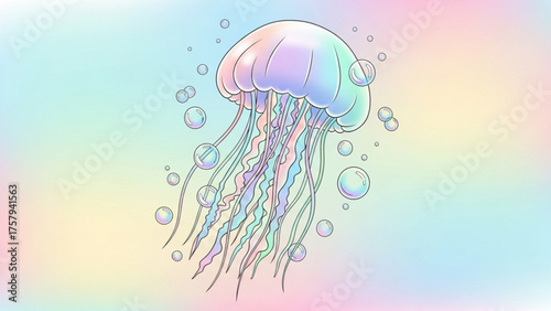 Pastel Jellyfish Illustration A whimsical depiction of a colorful jellyfish with flowing tentacles and bubbles in an ethereal, dreamlike underwater scene