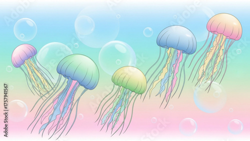 Colorful Jellyfish Floating in the Ocean with Bubbles A Beautiful and Serene Underwater Scene, Perfect for Backgrounds and Designs