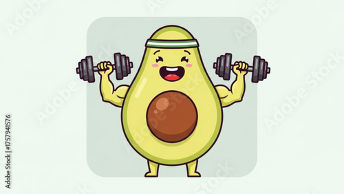 Cartoon avocado character lifting weights, wearing a headband, illustrating fitness, health, and a healthy lifestyle. The avocado is depicted with a smiling face and a cheerful demeanor