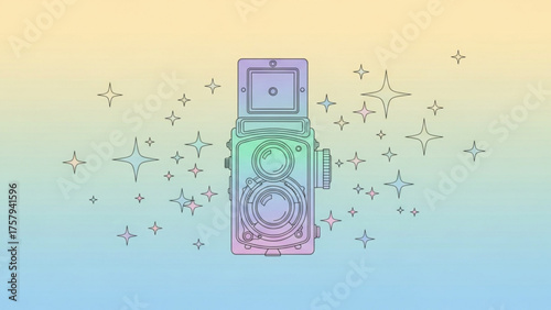 Vintage camera illustration against a soft, gradient background adorned with sparkling stars, perfect for photography and retro themes