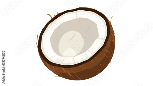 A vector of a coconut, showing the rough brown shell with a hint of white interior, minimal shading, and clean lines.