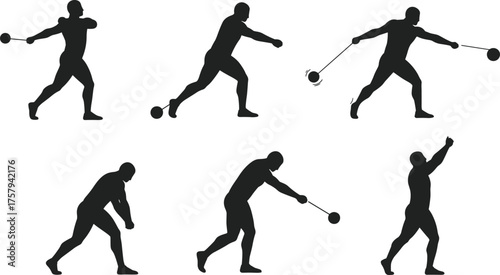 Athletics hammer throw vector silhouettes showing six stages of motion, spinning technique, release and follow through for sports training illustration